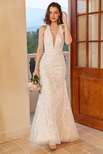 Mermaid Deep V Neck Robe de mariée en dentelle blanche avec appliques